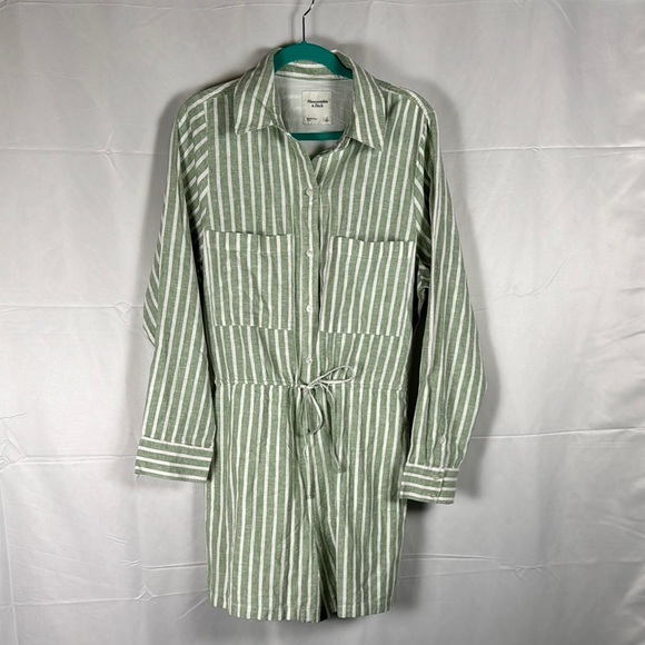 Abercrombie & Fitch Easy Waist Romper Linen Blend Long Sleeve Striped Preppy LT - Picture 1 of 15